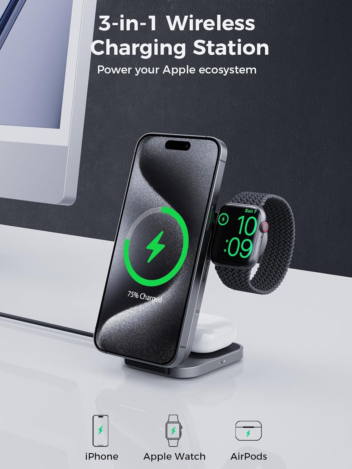 3 in 1 Charging Station, MagFusion Z Foldable Qi2 Certified 15W Wireless Charger Stand Compatible with MagSafe for iPhone 16/15/14/13/12, Apple Watch, AirPods (30W PD Charger Included)