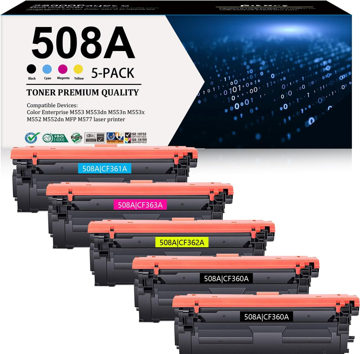 508A Toner Cartridge Combo Pack (5-Pack, 2Black/1Cyan/1Magenta/1Yellow) Compatible 508A 508 Toner Cartridges CF360A CF361A CF362A CF363A Replacement for M553 M552 553 MFP M577 Series Printer