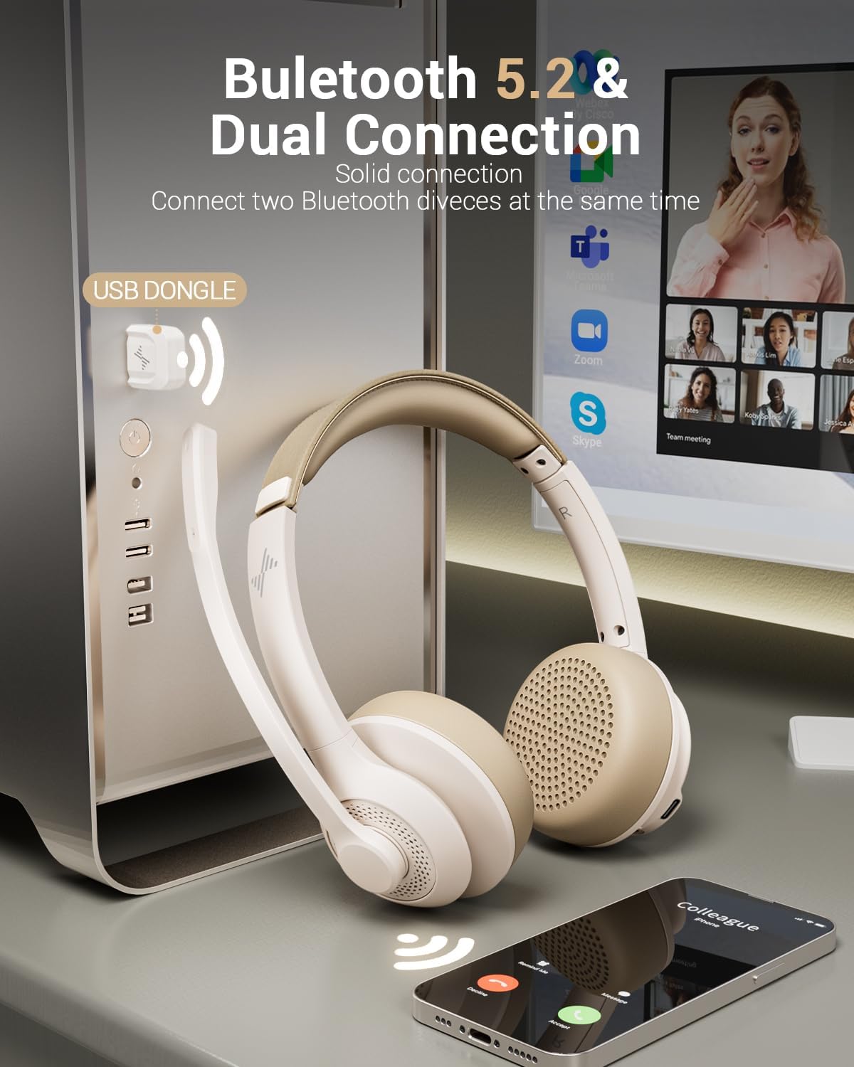 Wireless Headset with AI Noise Cancelling Microphone Bluetooth Headset - Bluetooth V5.2 Headphones with USB Dongle & Mic Mute for Computer/Laptop/PC/iPhone/Android/Cell Phones (White)