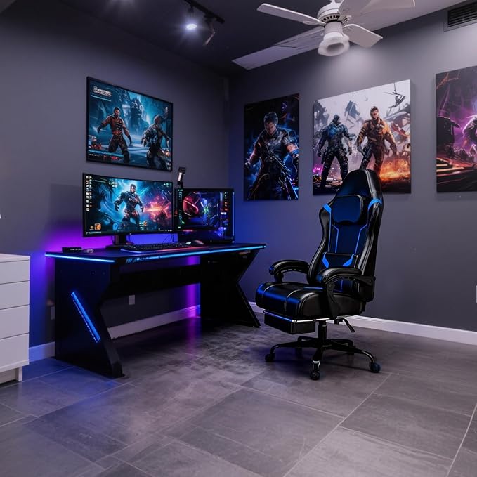 Ergonomic Gaming Chair Video Game Chair with Pocket Spring Cushion and Footrest Height Adjustable Computer Chair with Swivel Seat and Headrest (Blue)