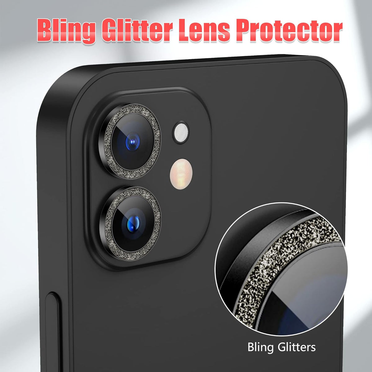 AGVEE 3+3 6 Pack for iphone 12 Pro/12/12 Mini/11 Pro Max/11 Pro/11 Camera Lens Cover Protector, Bling Diamond & Bling Glitter Metal Ring 9H Tempered HD Glass Camera Protector, Bling-Black