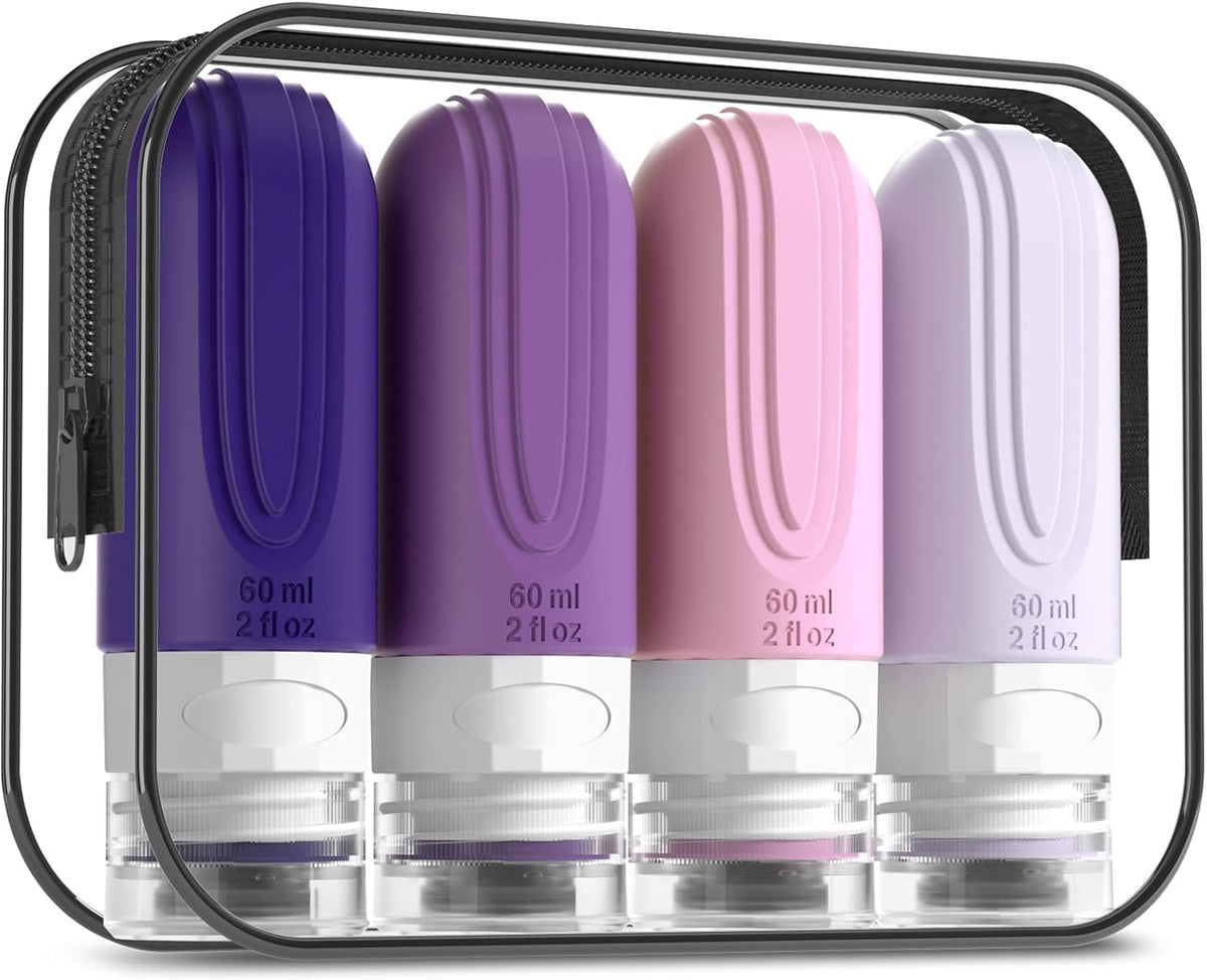Travel Bottles for Toiletries, Tsa Approved 2oz Travel size Bottles, BPA Free Leak Proof Travels Toiletry Containers, Traveler Accessories with Toiletry Bag for Shampoo Liquid (4 Pack)