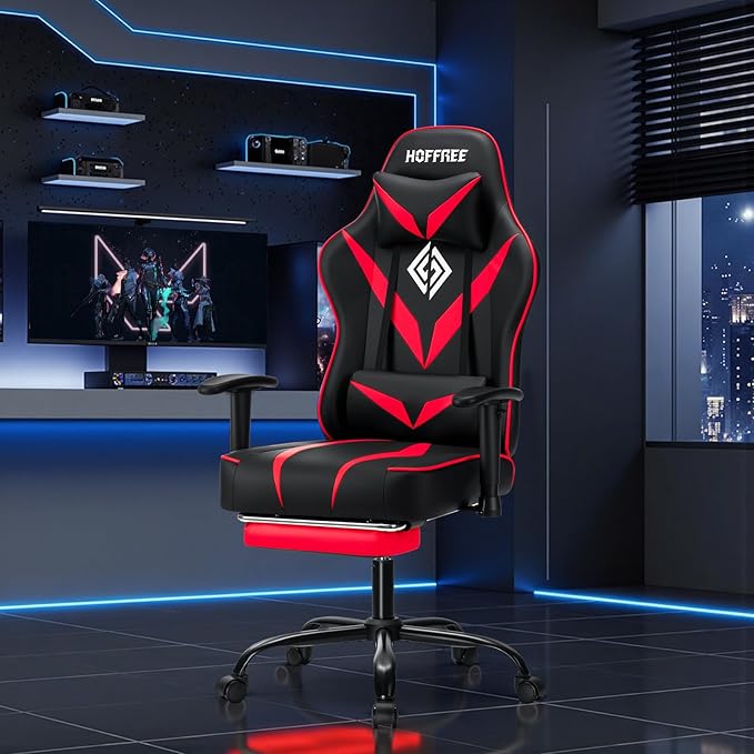 HOFFREE Massage Gaming Chair with Pocket Spring Cushion 155° Reclining Computer Gamer Chair with Footrest and Adjustable Armrests Ergonomic Video Game Chairs Red and Black