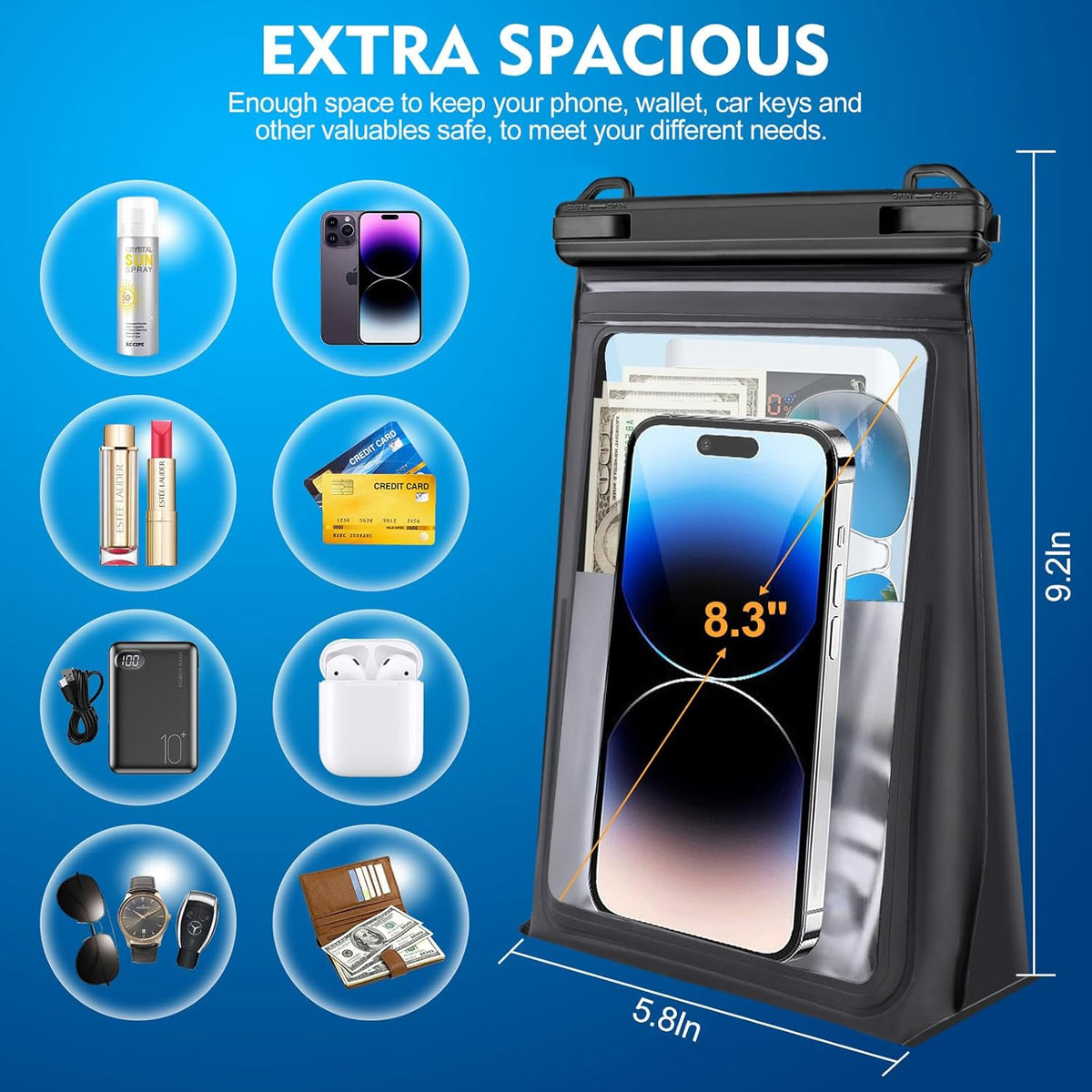 Large Floating Waterproof Phone Pouch [with Sealing Strip], Cell Phone Dry Bag for iPhone 16 15 14 13 12 Pro Max Galaxy Google All Devices, Float Waterproof Bag for Beach Vacation