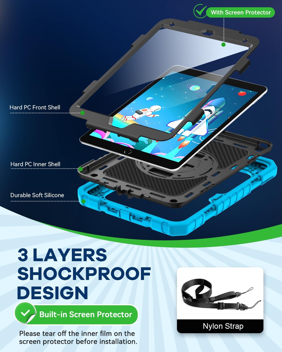 Cantis Case for iPad 9th/8th/7th Generation with Screen Protector, iPad 10.2 Case 2021/2020/2019 with 360 Degree Rotating Stand/Shoulder Strap/Pencil Holder, Blue