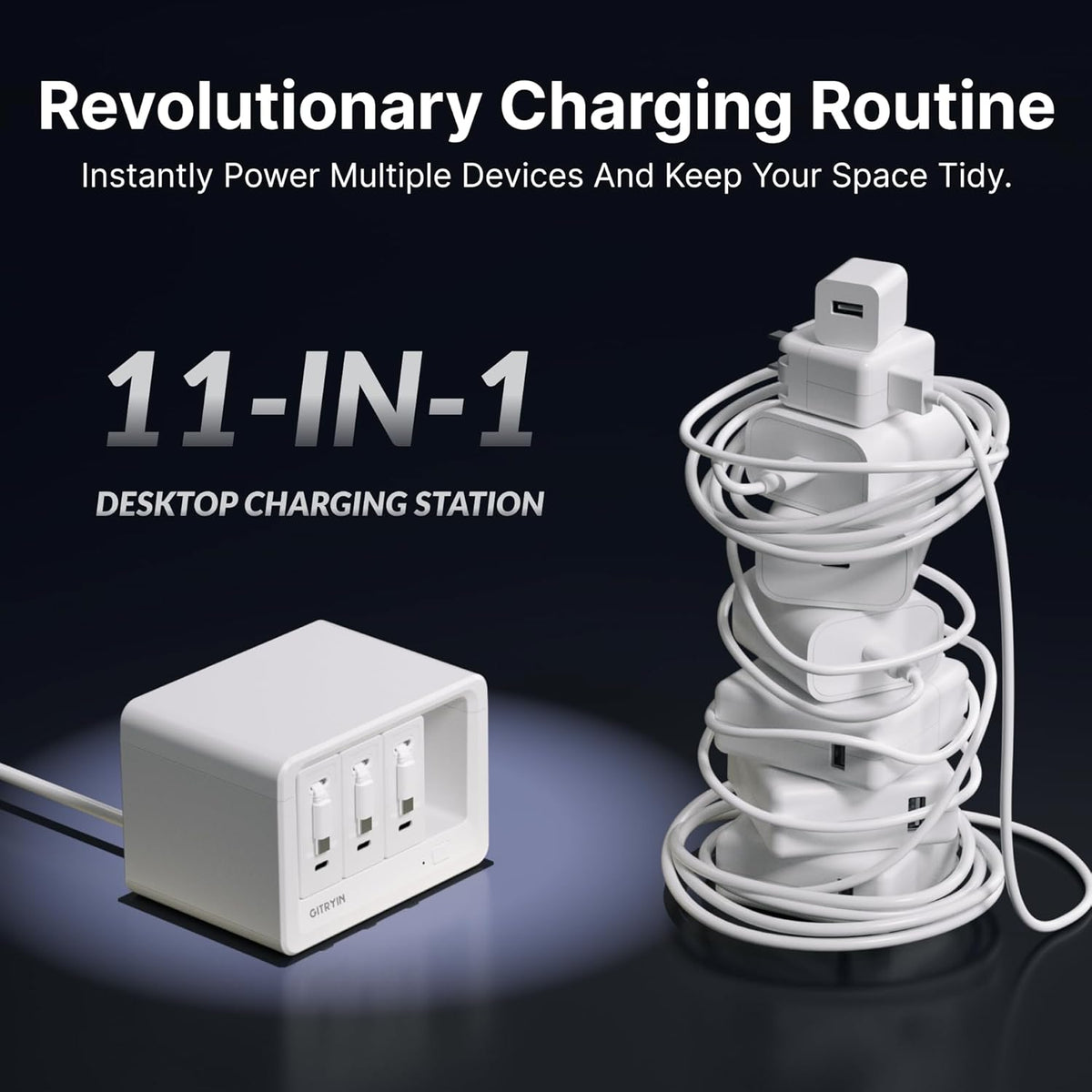 11-in-1 Desktop Charging Station with 3 Retractable Wall Chargers, 40W USB-C Power Strip with 5 AC, 3 USB C, 3 Type-C 31.5in Cables, Extension Cord with 1020J Surge Protection for Home Office
