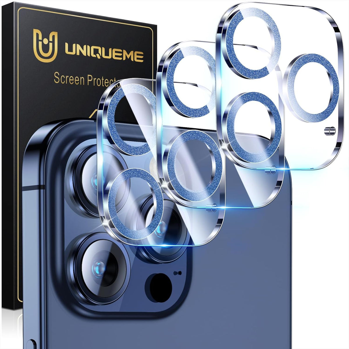 UniqueMe for 3 Pack iPhone 15 Pro/iPhone 15 Pro Max Camera Lens Protector, [Drop Protection] [Case Friendly] 9H+ Tempered Glass Camera Cover Screen [Update New Version] - Glitter Blue