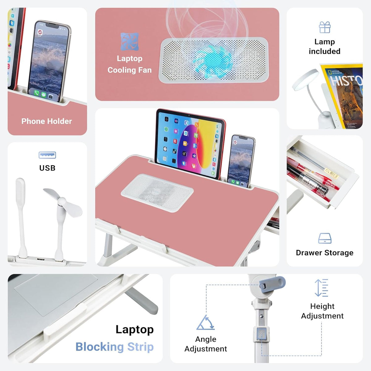 Laptop Lap Desk Include Cooling Fan,Adjustable Lap Desk with Light Fan,Folding Laptop Desk for Bed with USB,Bed Desk with Storage Drawer 56x32cm,Pink