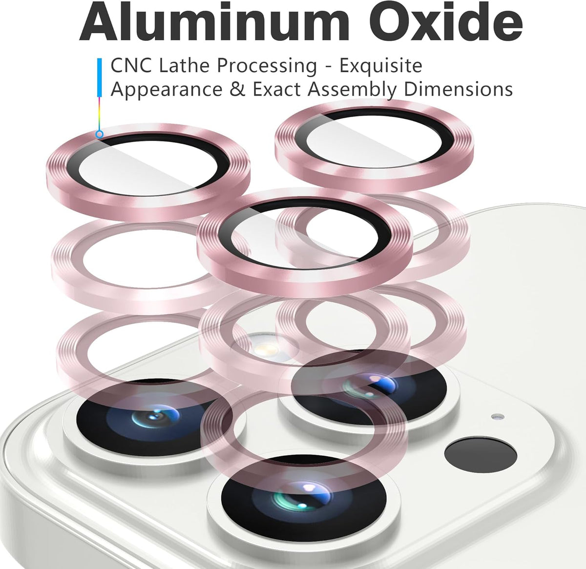 AGVEE 3+3 Camera Lens Protector for iPhone 15 Pro 6.1" / 15 Pro Max 6.7", Brushed Metal Ring 9H Tempered HD Glass Camera Protector Cover Film, Pink