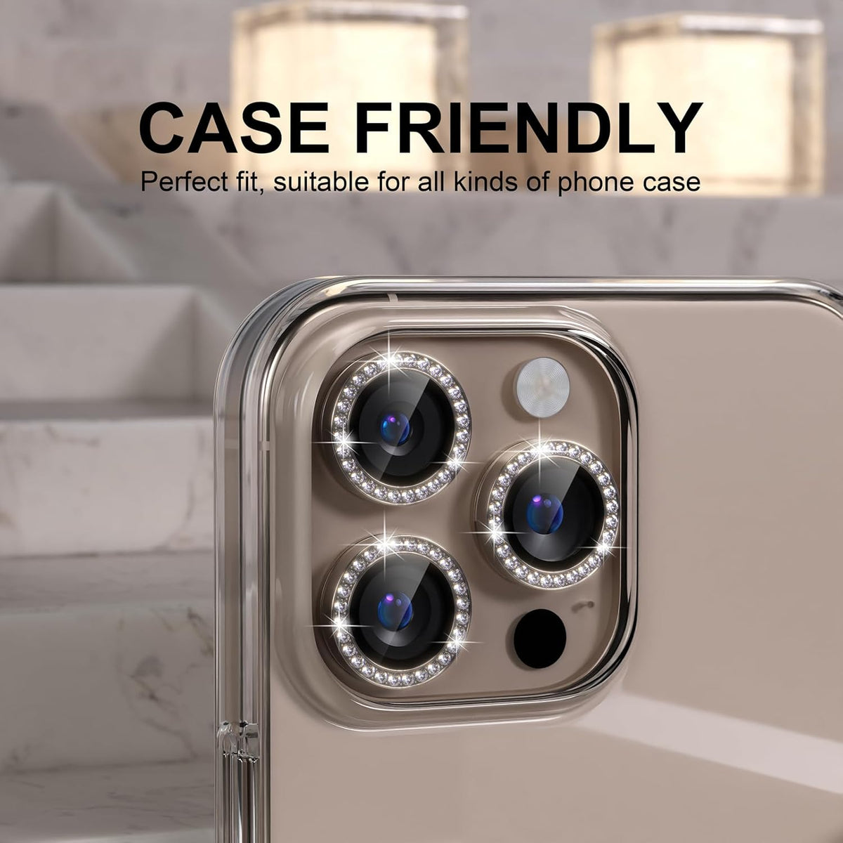 Choiche Compatible for iPhone 16 Pro/iPhone 16 Pro Max Camera Lens Protector Bling, 9H Tempered Glass Camera Cover Screen Protector Metal Ring Decoration Accessories (Diamond-Titanium Desert)