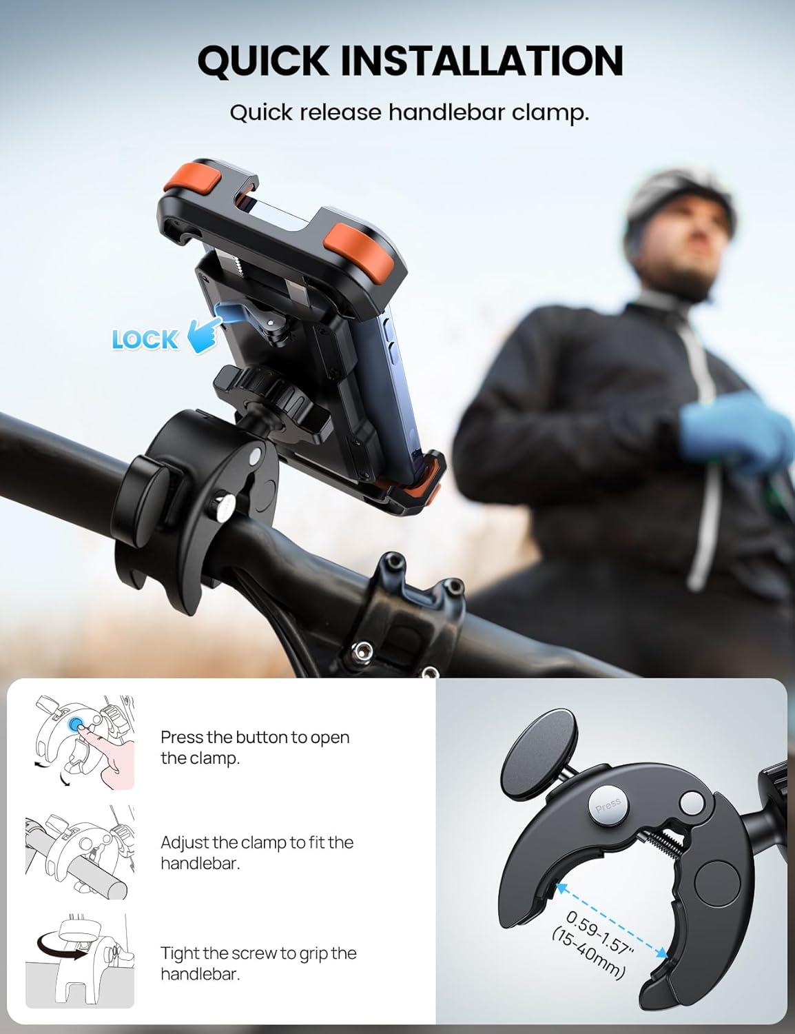 Lamicall Motorcycle Phone Mount, Bike Phone Holder - Upgrade Quick Install Handlebar Clip for Bicycle Scooter, Cell Phone Clamp for iPhone 15 14 13 Pro Max, Galaxy S23 and More 4.7-6.8" Phone, Orange