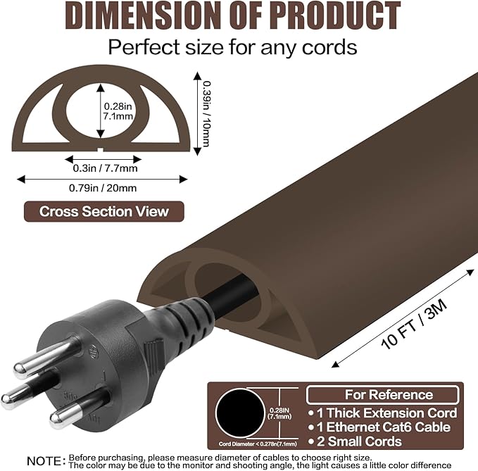 Floor Cord Cover Cable Cavity Self Adhesive Cord Hider Floor 10FT Floor Cable Management Power Cord Protector Floor Electric Cord Covers for Offices, Gym, Exhibitions (CoffeeBrown, 0.78" x 10')