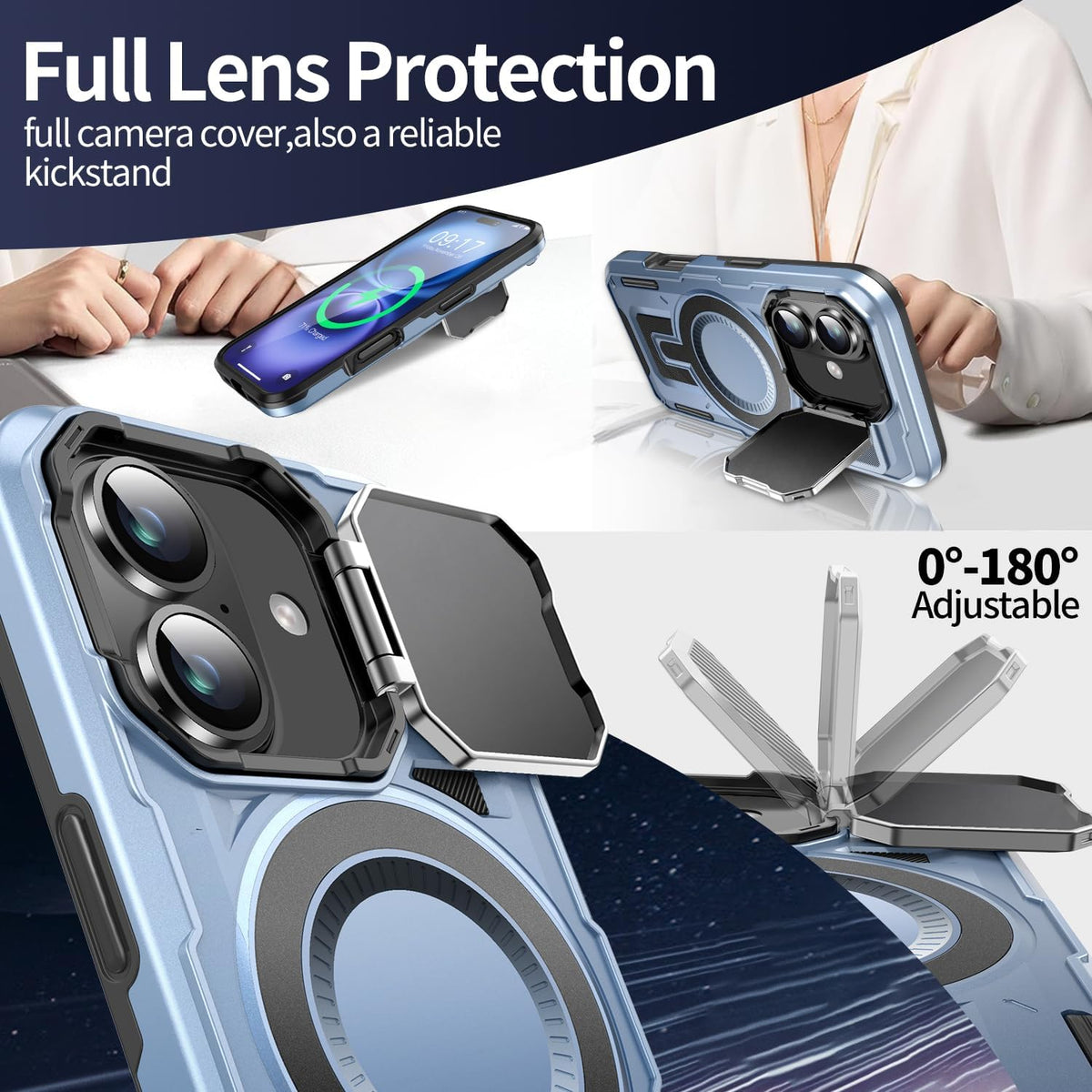 Camera Stand Case for iPhone 16, [Compatible with MagSafe] [Lens Cover] 2024 Version Military Grade Protective Soft Case for iPhone 16 6.1 inch Men Women, Blue