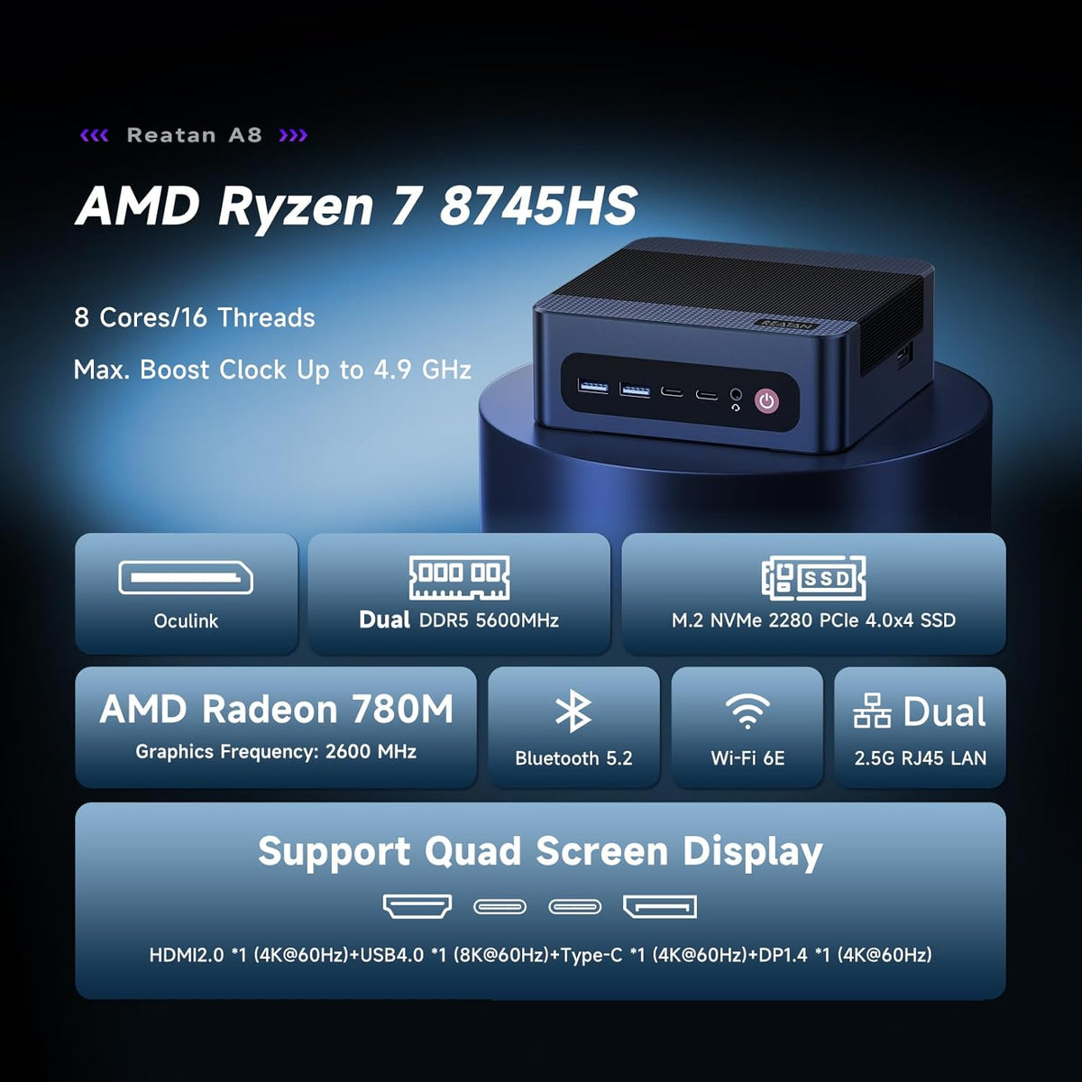 Reatan A8 Mini PC AMD Ryzen 7 8745H 32GB RAM DDR5 1TB SSD (3 Year After-Sale Support) 8C/16T，up to 8K Quad-Screen Displays, WiFi 6E, OCuLink Mini Computers for Gaming Home Theater Office Business