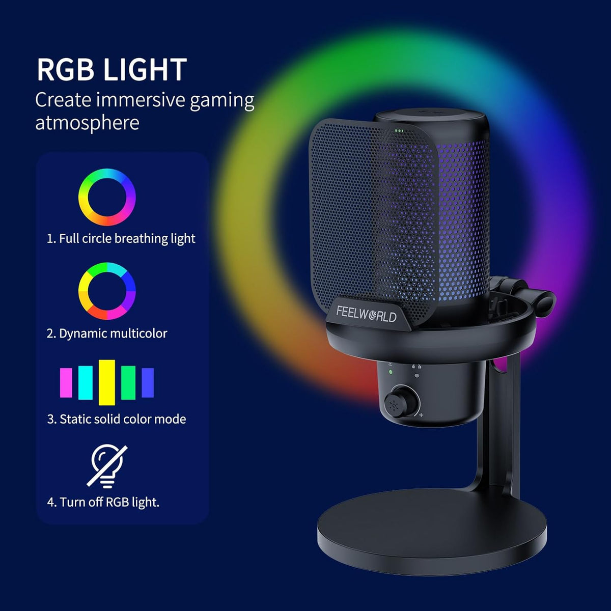FEELWORLD VM1 Gaming PC USB Microphone Condenser Mic with Noise Cancellation Mute RGB Light, Computer Accessories Gifts for Gamer YouTube Twitch Podcast Streaming Recording Online Chat PS4 PS5