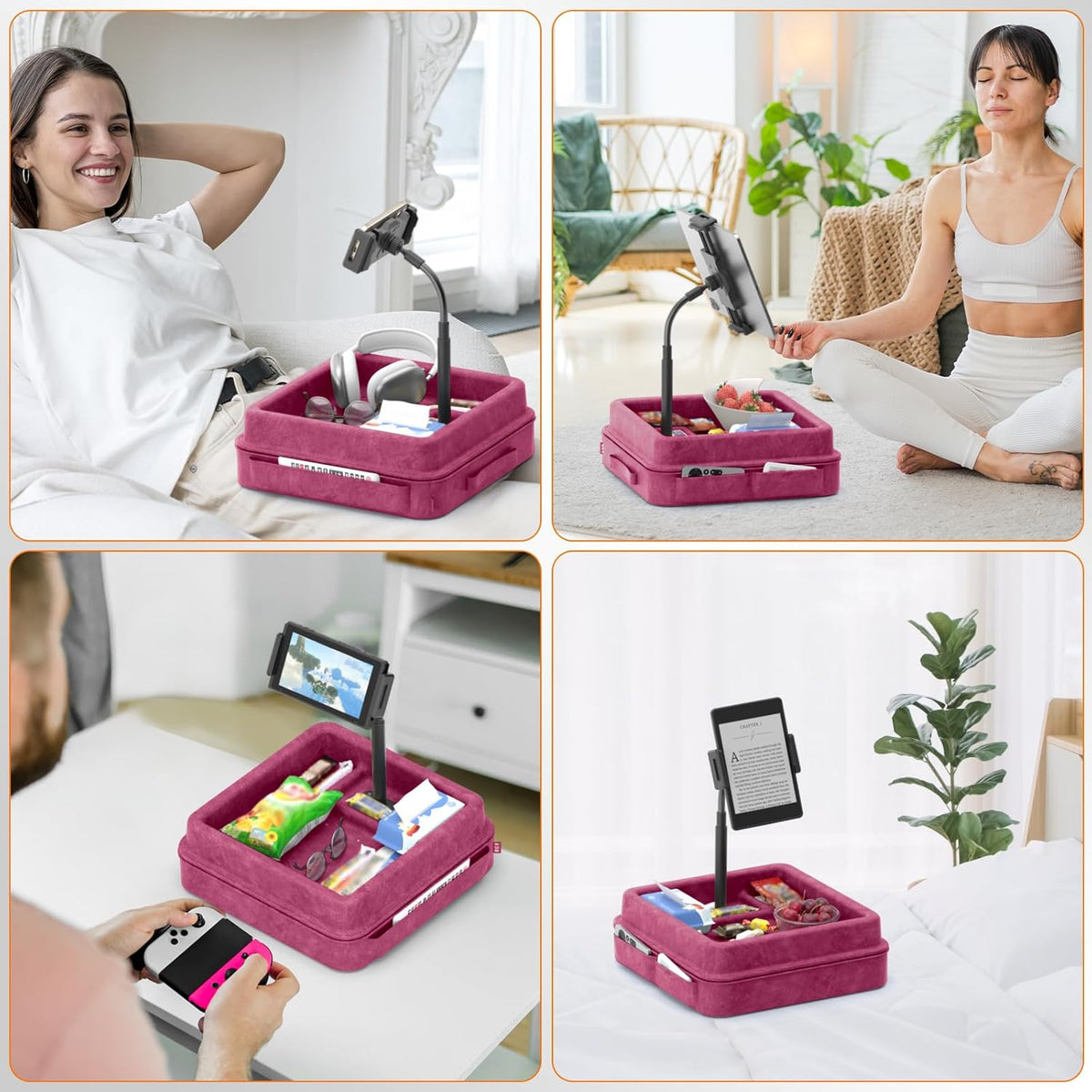 KDD Tablet Pillow Holder - 360°Adjustable iPad Pillow Stand for Lap, Bed and Desk - Gooseneck Tablet Soft Pad Dock with Storage Tray and Pocket Compatible with iPad Pro 12.9, Air Mini, Phone,(Purple)