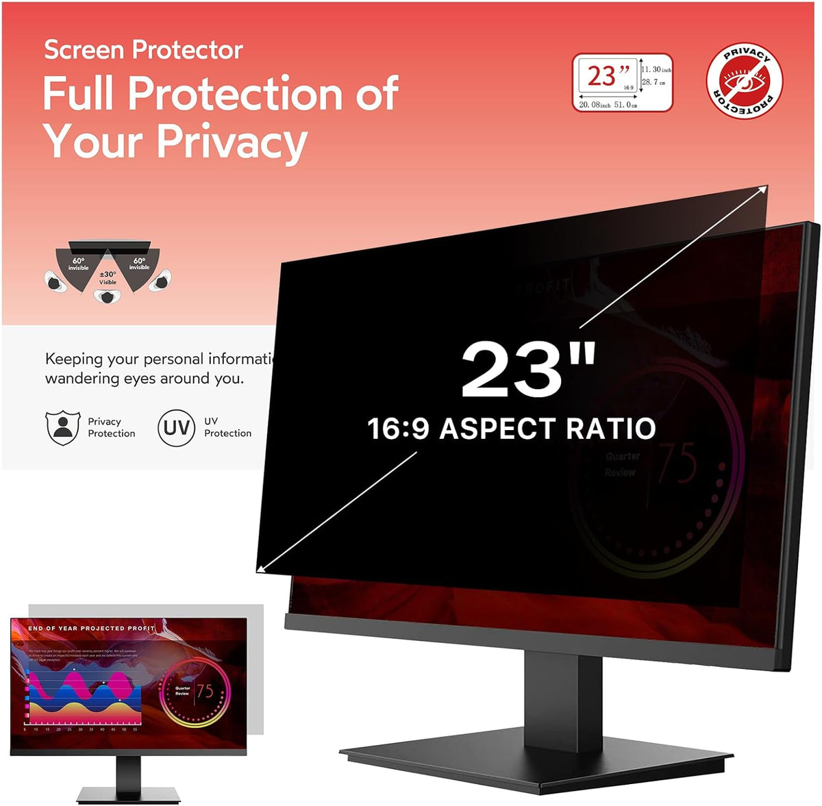 BERSEM 23 Inch Monitor Computer Privacy Screen Filter for 16:9 Ratio Removable Monitor Anti Glare & Privacy Filters for 23 Inch, Anti Blue Light, Anti-Spy, Anti-Scratch, UV-Blocking