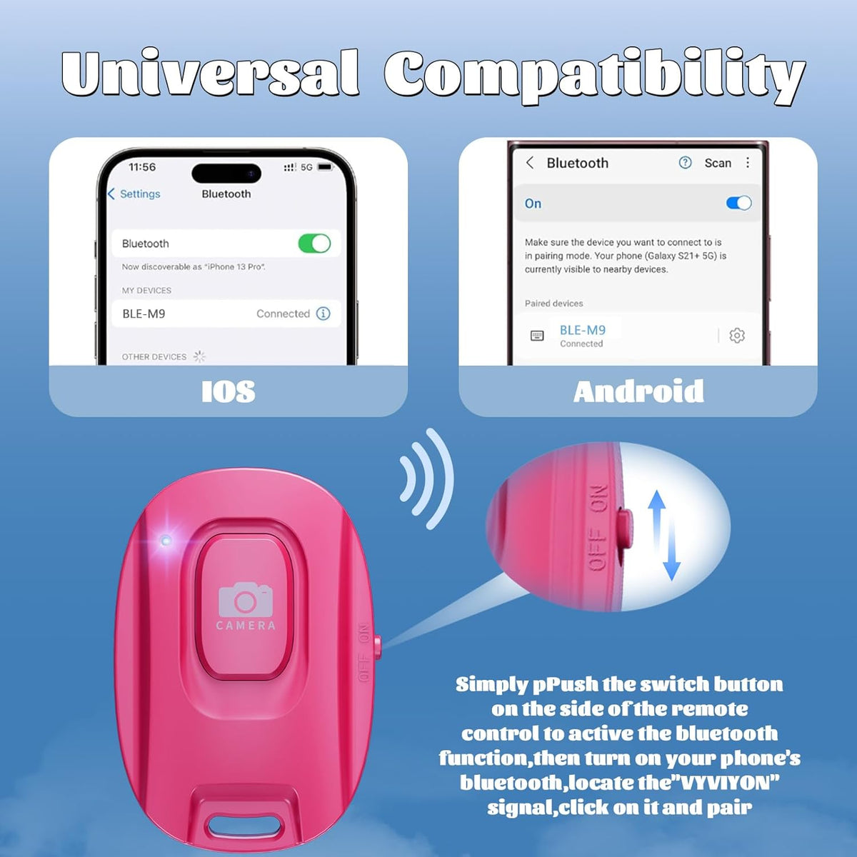 MAIRAN Rechargeable Wireless Camera Remote Shutter for iPhone and Android Smartphones, 2 Pack Bluetooth Phone Remote Control,Selfie Button for Photos and Videos Charging Cable Included- Pink&White