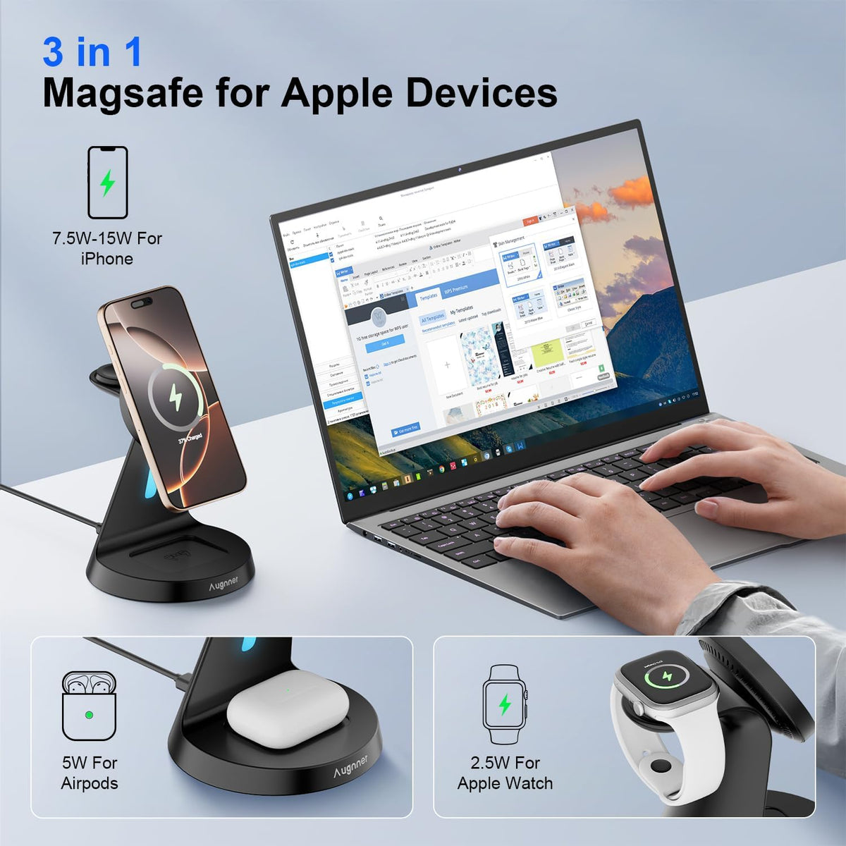 Magnetic Wireless Charger Stand 3 in 1 Charging Station 15W Fast Charging Stand Wireless Charger for iPhone16/15/14/13/12 Series, Watch Series, Earphone,Non-Slip Base