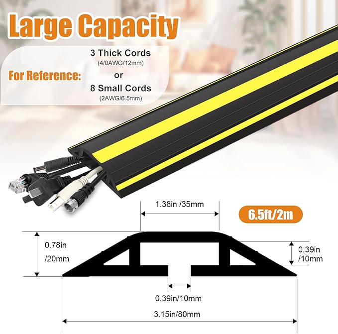 TFMUZERT 6.5 ft Cord Covers for Wires on Floor, Heavy Duty PVC Duct Floor Cord Cover, Floor Cable Cover Easy to Unroll Prevent Trip Hazard for Home Office or Outdoor Settings