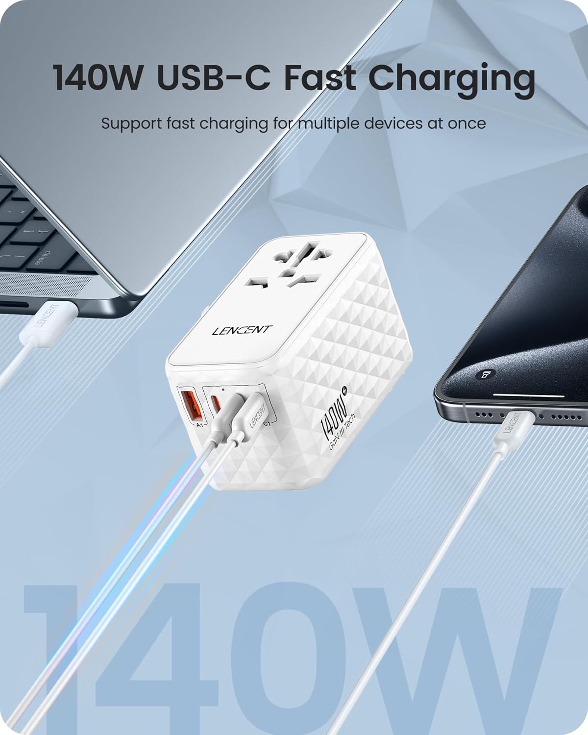 LENCENT 140W International Travel Adapter, GaN Universal Travel Adapter with 1 USB-A & 3 Type C Power Adapter, Fast Charger for Phone,Laptops, Worldwide Plug Adapter for USA/UK/EU/AUS, White