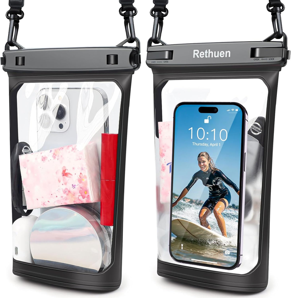 Large Waterproof Phone Pouch, 2Pack Floating Waterproof Bag for iPhone 16 15 14 13 12 Pro Max Galaxy S24 S23 S22 All Phones, Cell Phone Dry Bag for Beach Swimming Rafting Boating (Black + Black)