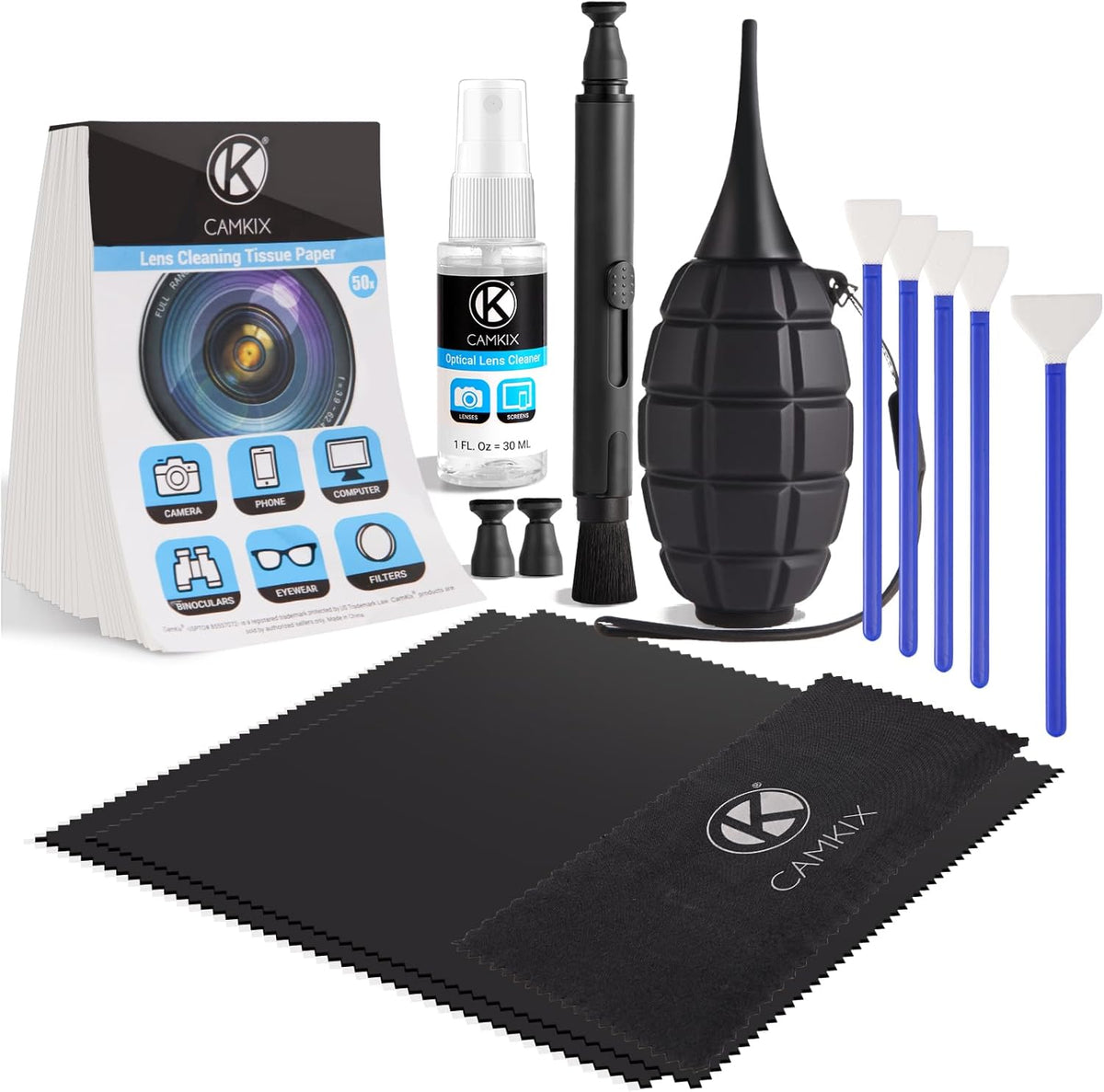 Camkix 14-in-1 Camera Lens Cleaning Kit - Includes Advanced Large Silicone Air Blower, 2in1 Lens Cleaning Pen, Dry Swabs, Cleaning Paper, 30 ML Optical Lens Spray for Mirrorless Cameras, APS-C, DSLR