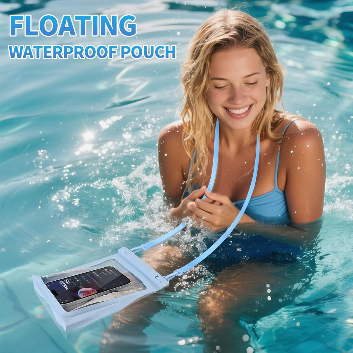Large Waterproof Phone Pouch Floating, [Double Seals] IPX8 Waterproof Pouch for Beach Vacation, Cell Phone Dry Bag for iPhone Samsung Google All Phones Light Blue