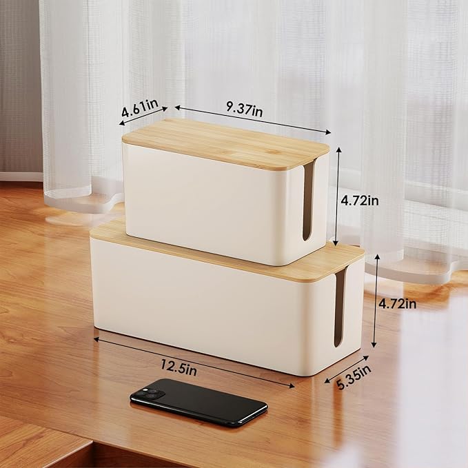Delamu 2 Pack Cable Management Box Wooden, Wood Box with Lid Safe ABS Cord Hider Box Medium and Small Cable Organizers for Cords, Cable Raceways Power Strip Cover Box Baby Pet Proof for Home Office