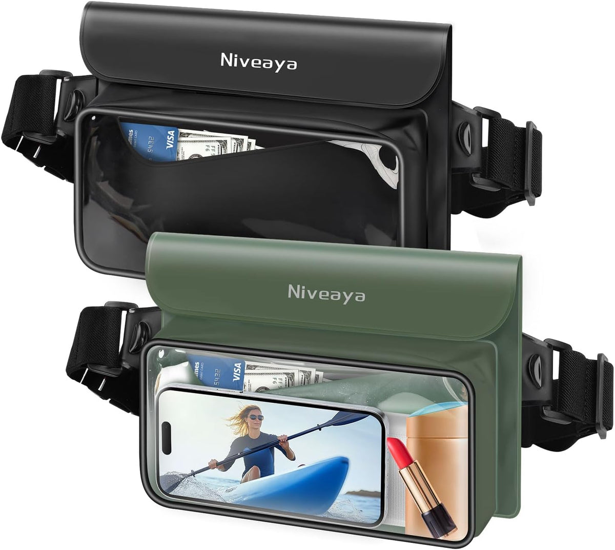 Niveaya IP68 Waterproof Fanny Pack - 2 Pack, Floating Dry Bag Pouch, Phone Waterproof Waist Pouch Dry Bag, Beach, Kayaking, Swimming, Boat Essentials, for iPhone 16/15/14/13/12 Pro Max up to 9.5"