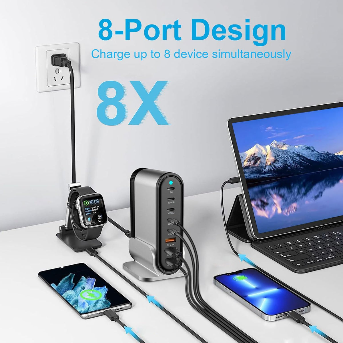 USB C Fast Charger : Fast Charging Station : 285W-8 Port Desktop Multiple Devices Power Adapter for Laptop MacBook Pro/Air, DELL, Tablet iPad Pro/Air, iPhone 16/15/14, Galaxy S23/22