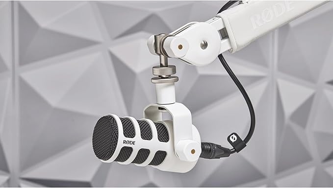 Rode PodMic Cardioid Dynamic Broadcast Microphone (White) with StreamEye Lowpro Mic Boom Arm and Professional Grade XLR Cable