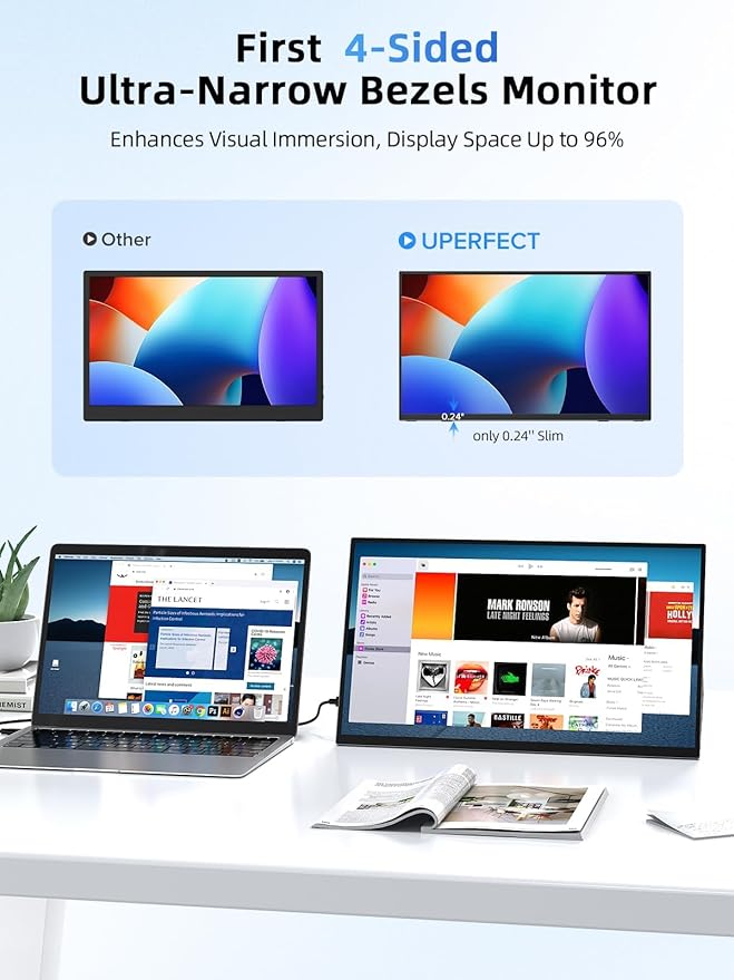 UPERFECT Portable Monitor 15.6 125% sRGB Ultra-Slim Laptop Monitor with Protective Sleeve Built-in Adjustment Stand | Speaker | VESA HDMI USB-C Plug &amp Play Second Screen for Phone Game Console