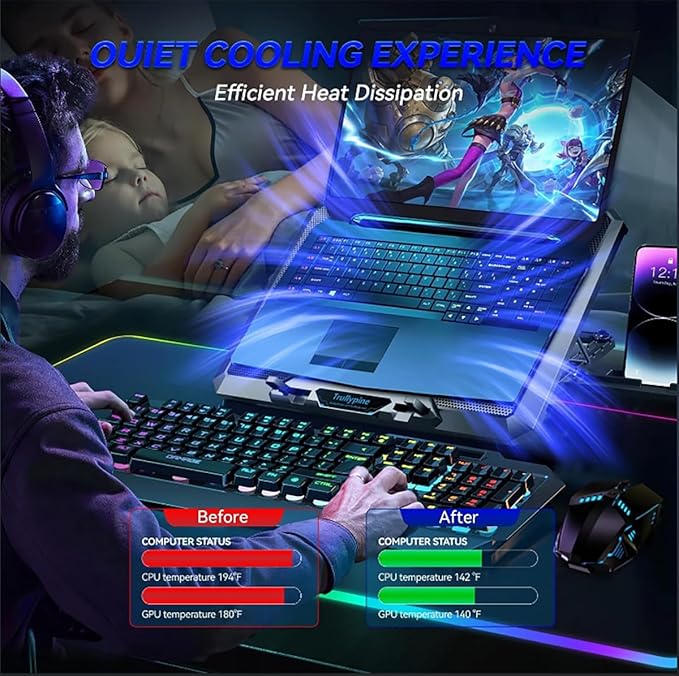 Laptop Cooling pad for Asus Transformer Book TP500 Gaming laptops Laptop Cooler with 8 Fan Adjustable Speed 5-Level Height Adjustment Mute Silent2 USB-A PortBuilt-in Phone Stand