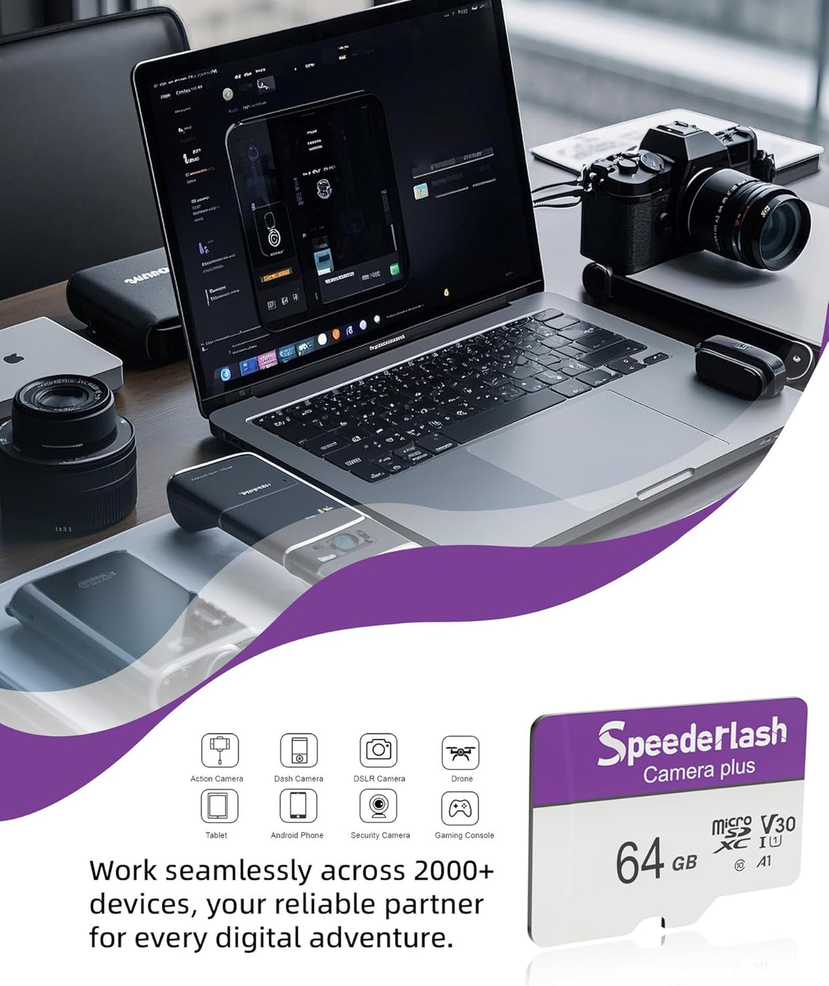 Micro SDXC Memory Card 64GB 2 Pack, Speederlash Camera Plus TF Card with Adapter, Up to 90MB/s Read Speed, 4K UHD&5K Video Support, U1 V30 A1 Rated, Waterproof, for Security Camera, Dashcam, Drones