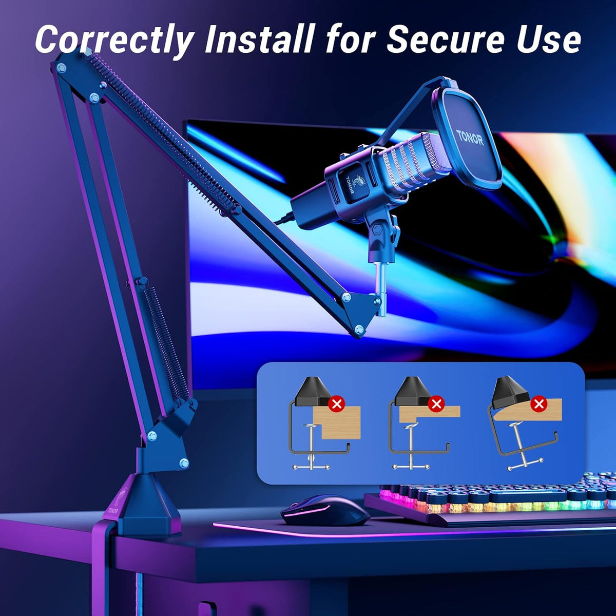TONOR USB Gaming Microphone, RGB Streaming Microfono Set, PC Podcast Recording Computer Mic for PS4/5, Discord, Twitch, Cardioid Condenser Mic with Adjustable Boom Arm Stand TC30S+
