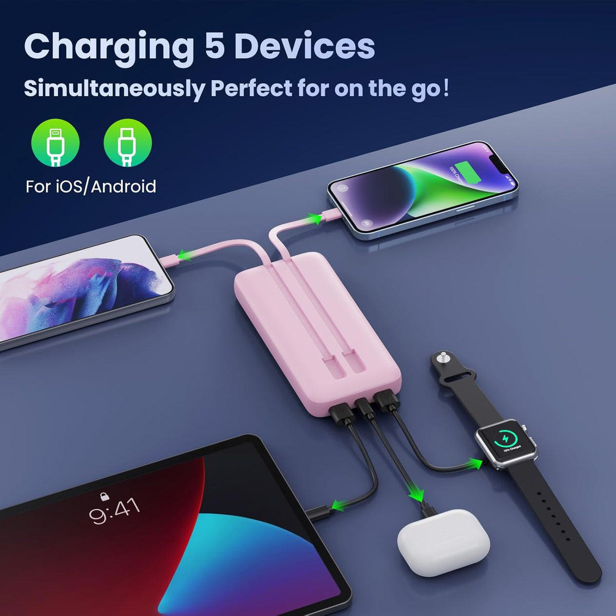 Portable Charger PowerBank 40,800mAh with 2 Built-in Cables,25W PD Fast Charging +QC 4.0 Quick Phone Charging Power Bank, 5 Outputs LCD Display USB C Battery Pack for iPhone 16/15 Android Galaxy etc