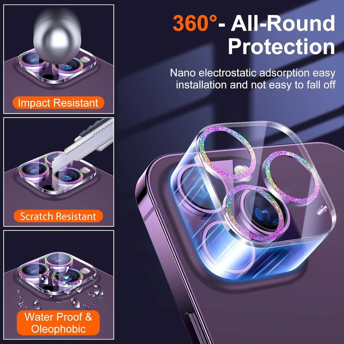UniqueMe [3 Pack Compatible for iPhone 14 Pro Max/iPhone 14 Pro Camera Lens Protector Tempered Glass,[Case Friendly][Scratch-Resistant][Night Shooting Mode]-Glitter Colorful