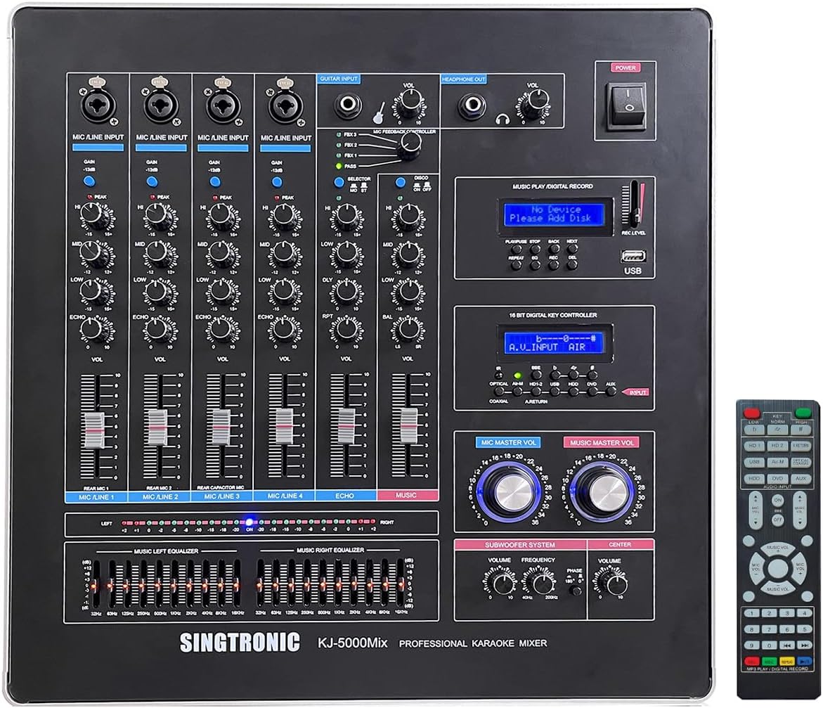 Singtronic KJ-5000Mix Professional Karaoke Console Mixer | HDMI ARC, Optical, Bluetooth, USB Recording, 8-Band EQ, Anti-Feedback, BBE DSP Processor, Rack-Mountable DJ/KJ Mixer