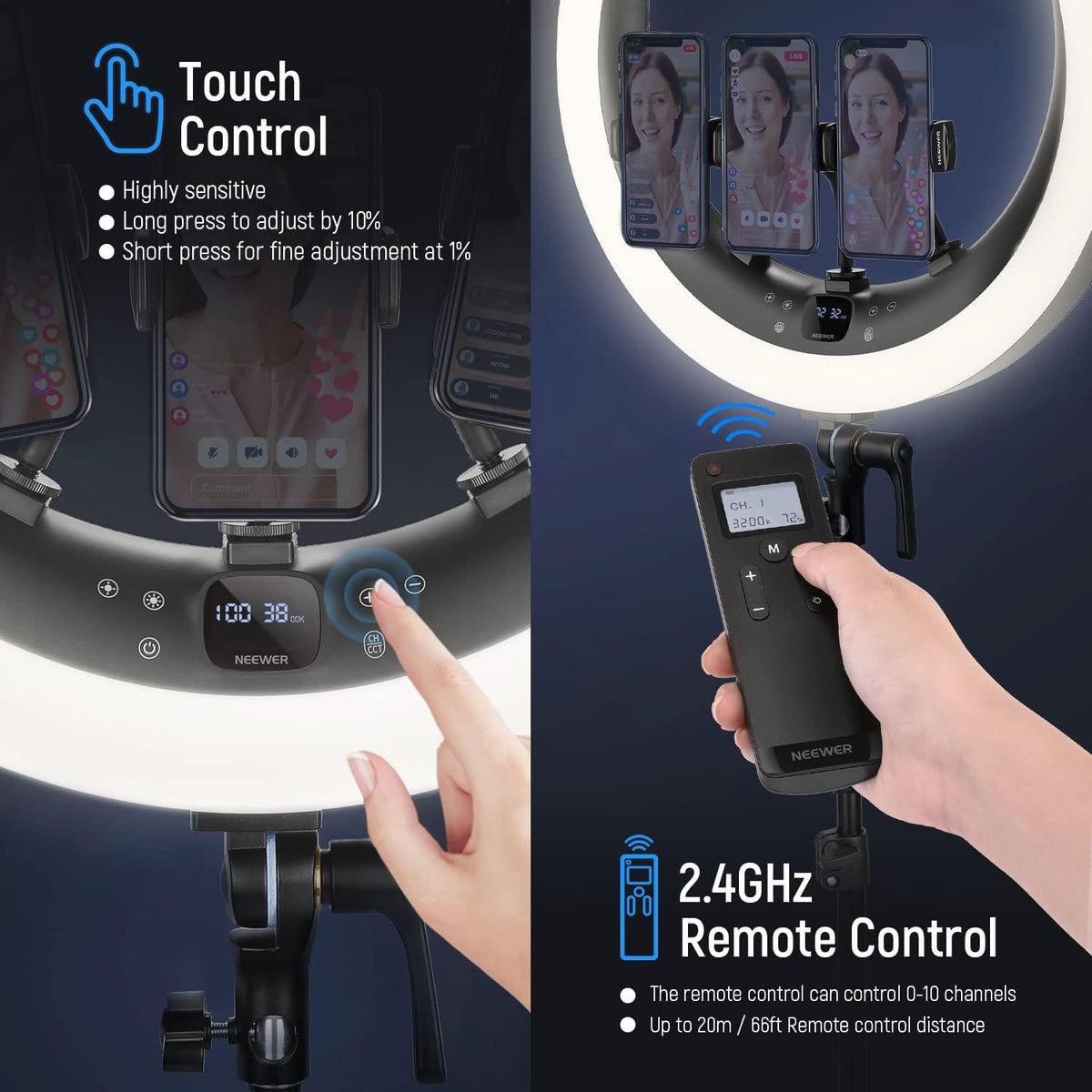 NEEWER 19 inch 2.4G Ring Light with Stand, 3 Phone Holders, 2.4G USB Transmitter for Mac/PC Remote Control, Touch Panel, Smooth Dimming at 1%, 3200K-5600K for Selfie TikTok Live Streaming Zoom, RP19H