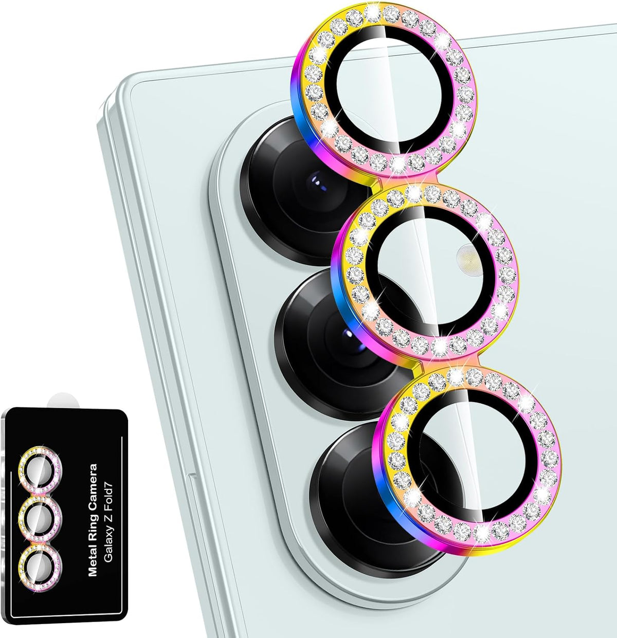 for Samsung Galaxy Z Fold 7 Camera Lens Protector, Individual Metal Ring Tempered Glass Lens Cover, [Strong Adsorption] Scratch Resistant Ultra-Thin HD Clear Lens Cover, 1 Set-Colorful Diamond