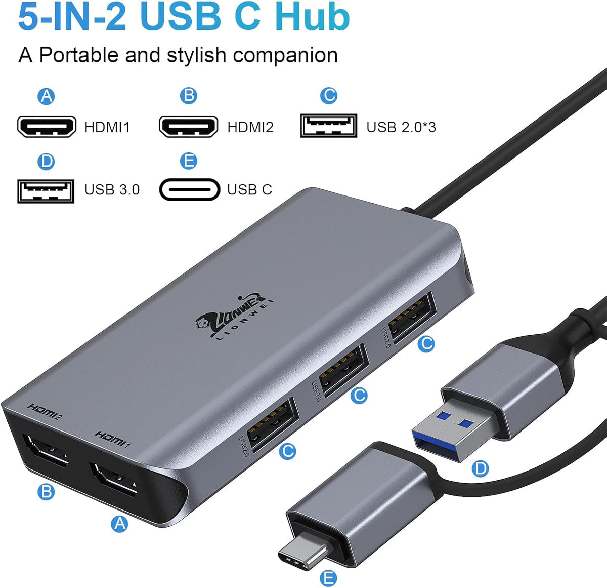 LIONWEI USB 3.0 to Dual HDMI Docking Station for Windows & macOS, USB C Adapter 2 Monitor Splitter for MacBook Pro/Air/M1/M2/Dell/HP/Lenovo/Surface