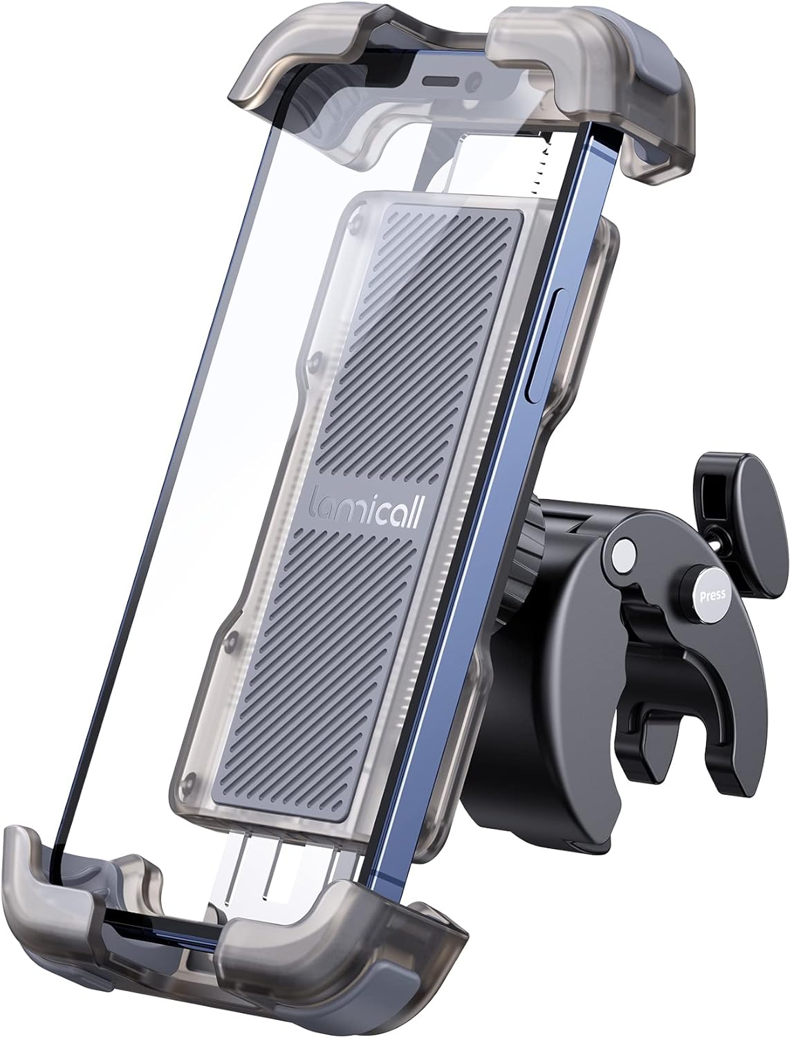 Lamicall Motorcycle Phone Mount, Bike Phone Holder - Upgrade Quick Install Handlebar Clip for Bicycle Scooter, Cell Phone Clamp for iPhone 15 14 13, Galaxy and More 4.7-6.8" Phone, Transparent Gray