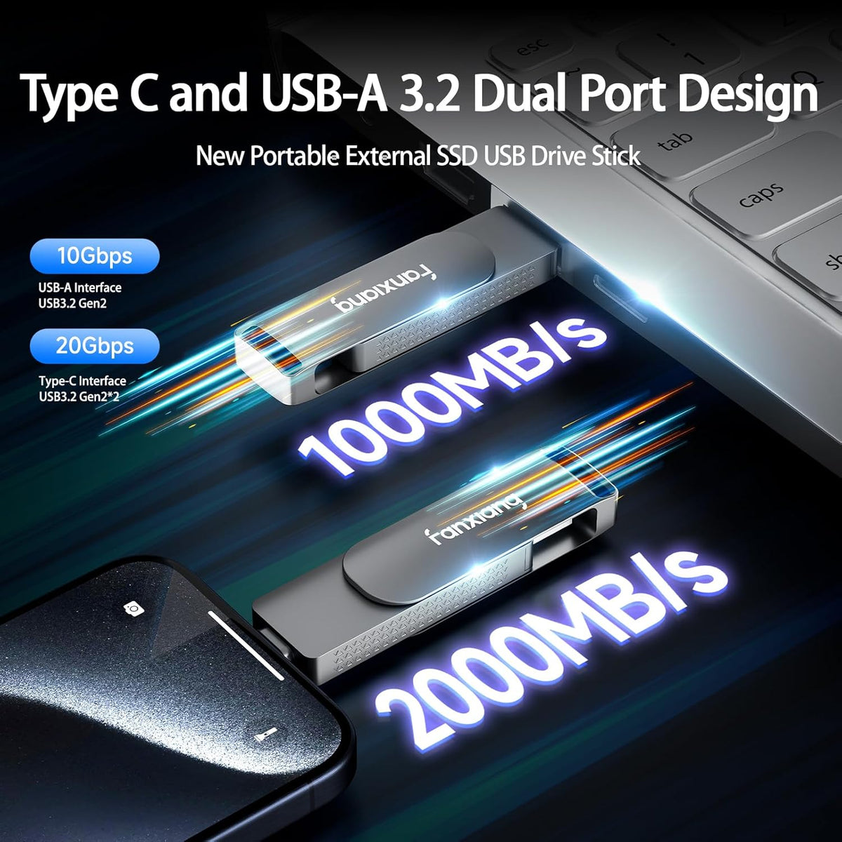 1TB External SSD USB Flash Drive Up to 2000MB/s USB 3.2 Gen2, 2-in-1 Dual USB Drive Type-C, Memory Stick Solid State Thumb Drive for iPhone 15/16 Pro/Android/Windows/MacPC/Laptops