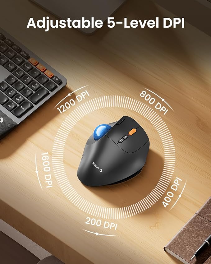 ProtoArc Wireless Bluetooth Trackball Mouse EM02 Two Adjustable Angle Ergonomic Rechargeable Computer Ball Mouse 3 Device Connection Thumb Control and Smooth Tracking for Laptop PC Mac-Blue