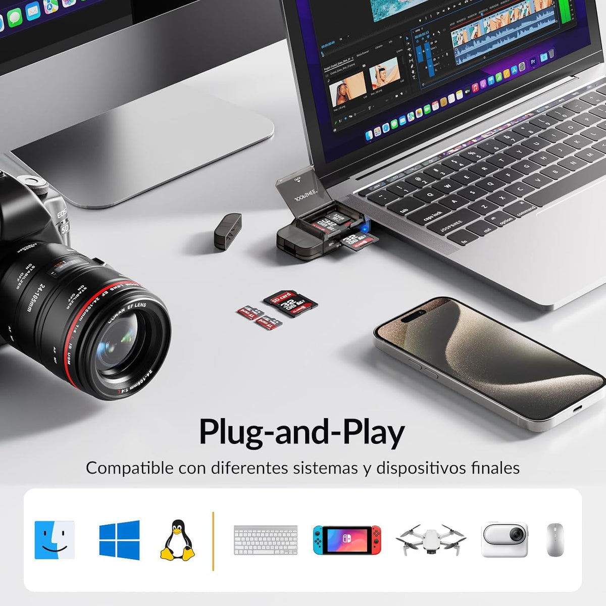 6-in-1 SD/TF Card Reader Adapter with USB A & Type C Port & USB 3.0 Slots for Micro SD/SDHC/SDXC/MMC Memory Cards, Compatible with PC, MacBook, Chromebook, Android Phone, i-Phone