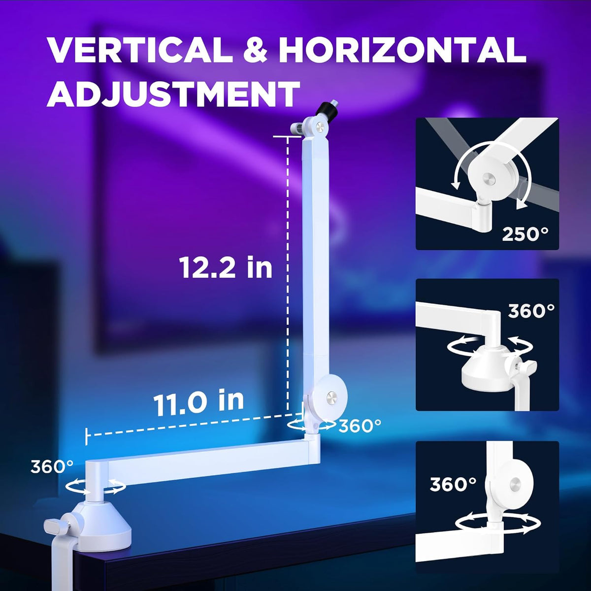 InnoGear Low Profile Mic Arm, 360° Rotatable Microphone Boom Arm Mic Stand for Fifine AM8 K669B Blue Yeti HyperX QuadCast SoloCast AT2020, with Mic Clip 3/8" to 5/8", 3/8" to 1/4" Adapter, White