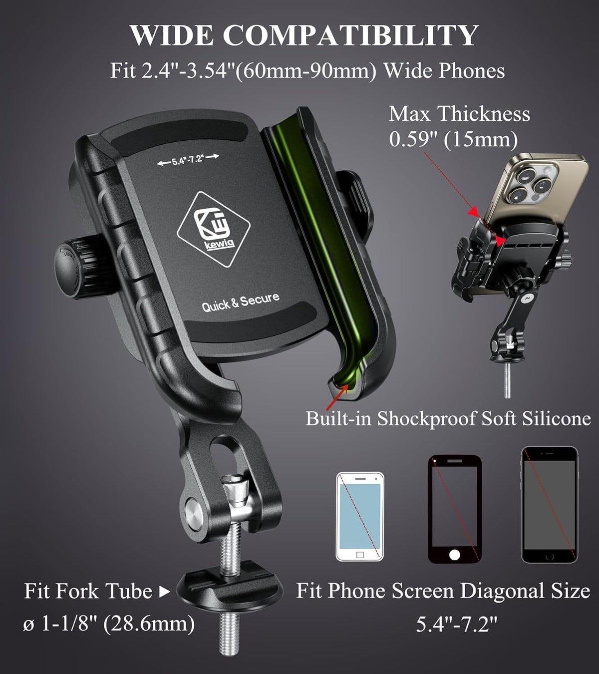 BRCOVAN Bike Fork Stem Phone Mount Holder [Camera Friendly] [1s Lock & Release] Adjustable Bicycle Headset Top Cap Cellphone Cradle with Solid Aluminum Mounting Base Fit 5.4'' - 7.2" Smartphones