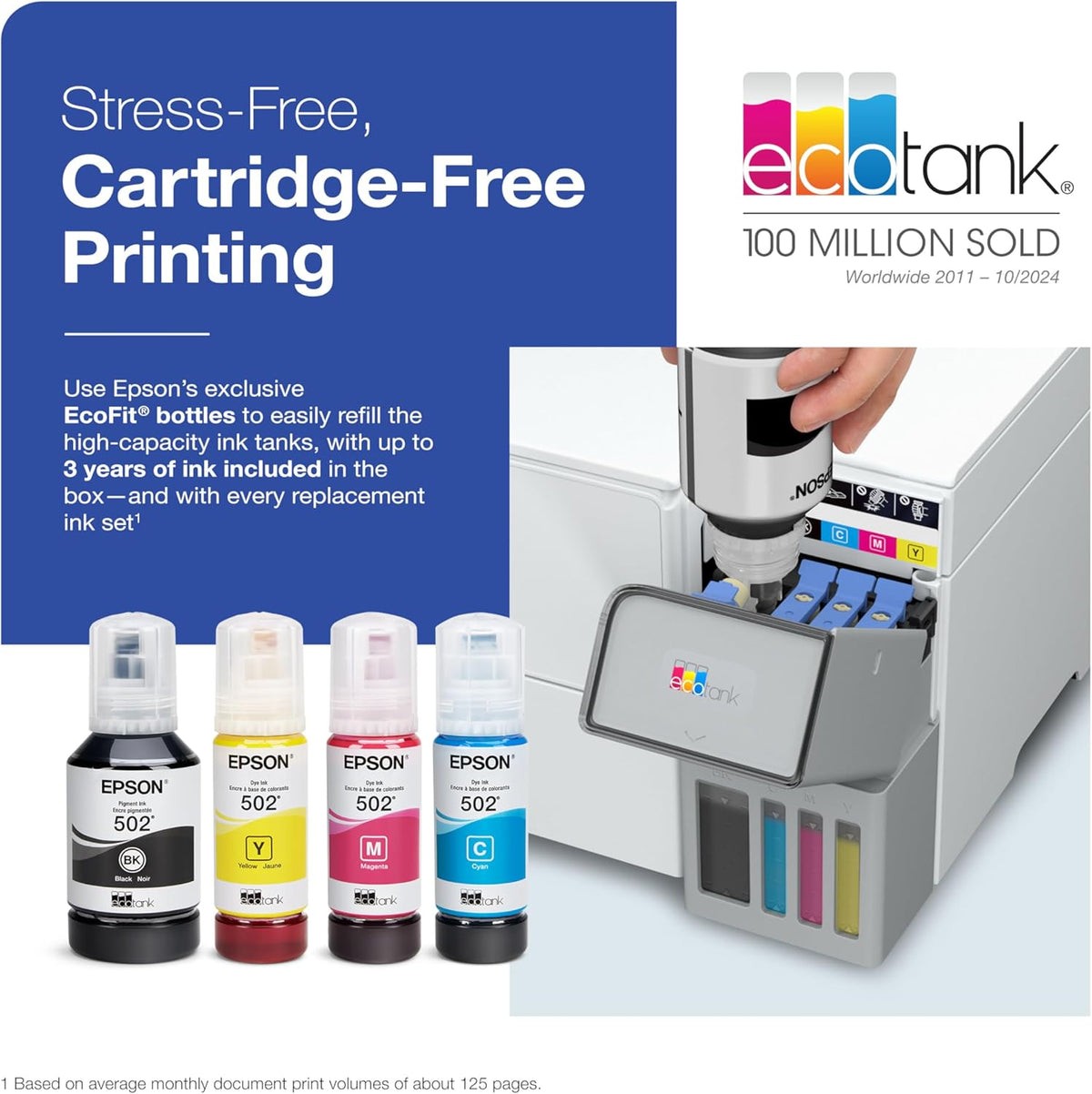 Epson EcoTank ET-2980 Wireless All-in-One Color Supertank Printer with up to 3 Years of Ink, Refillable Tanks, Perfect for Home, 15 PPM, 1.44" Color Screen, Auto 2-Sided Printing - White
