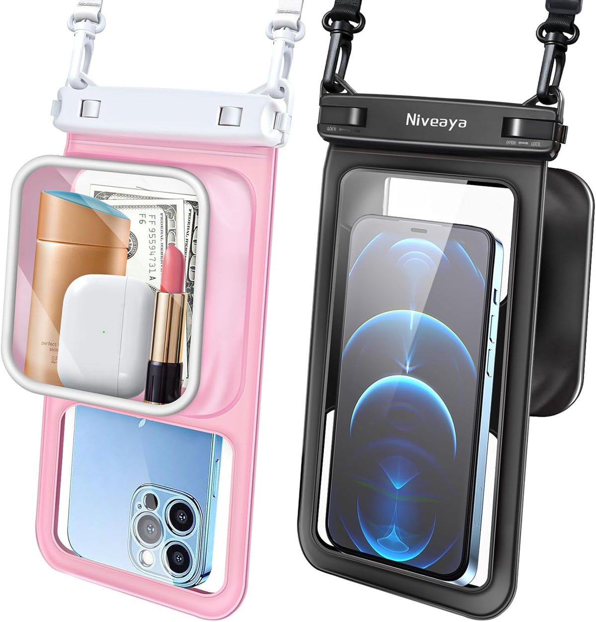 Niveaya [Floatable Floating Waterproof Phone Pouch 2 Pack-Up to 8.5", Large Space Adjustable Neck Lanyard Waterproof Phone Case, Phone Dry Bags for Vacation Beach Pool Kayak Cruise Travel Essentials